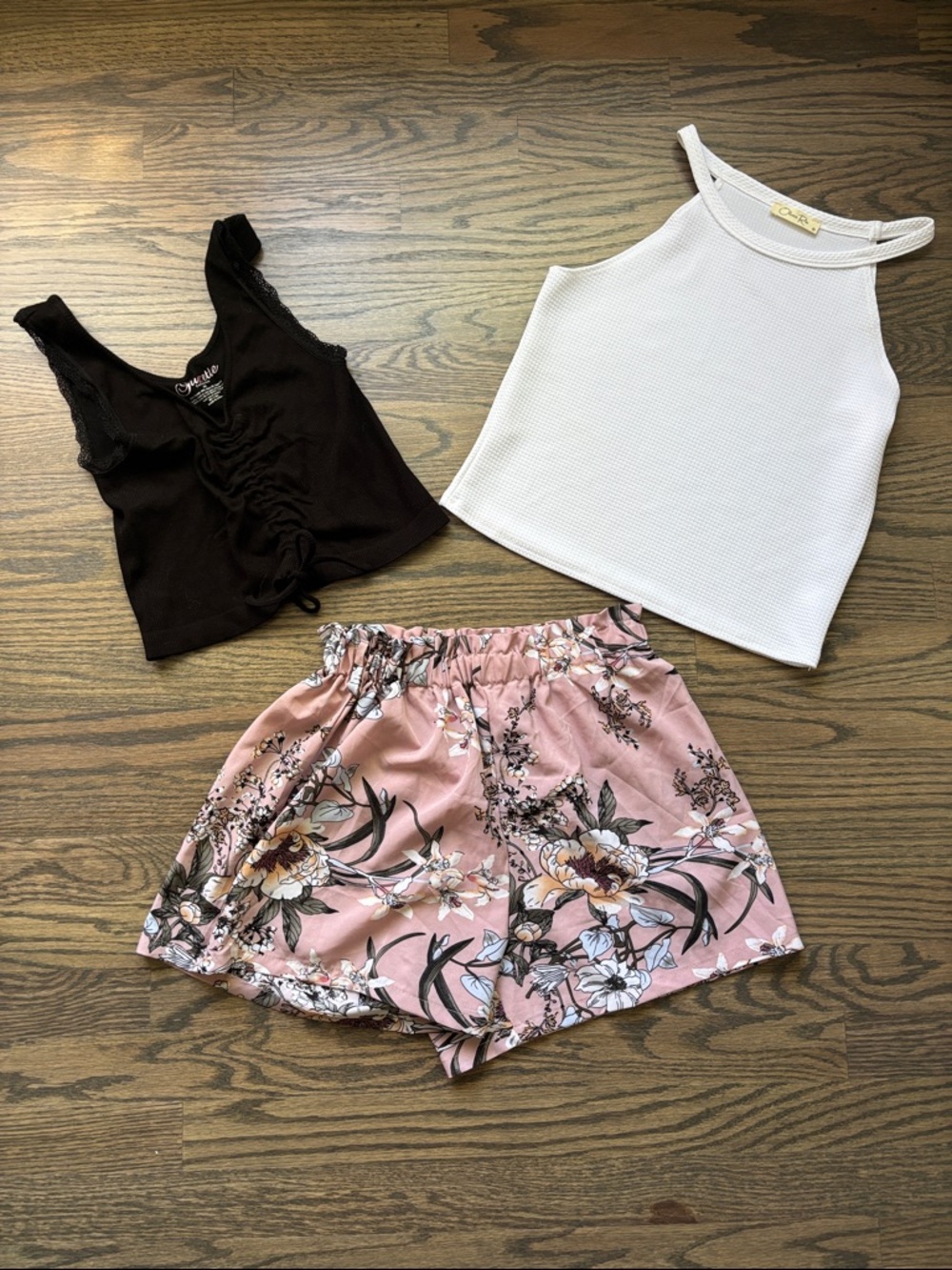 Bundle of 3 - Black Ruched Tank Top & white tank top w/ Pink Floral Shorts Set